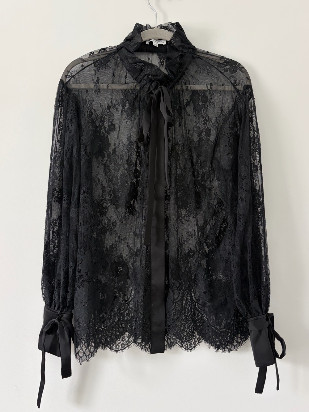 Equipment Femme Black Sheer Lace Button Down Satin Bow Cocktail Blouse Small